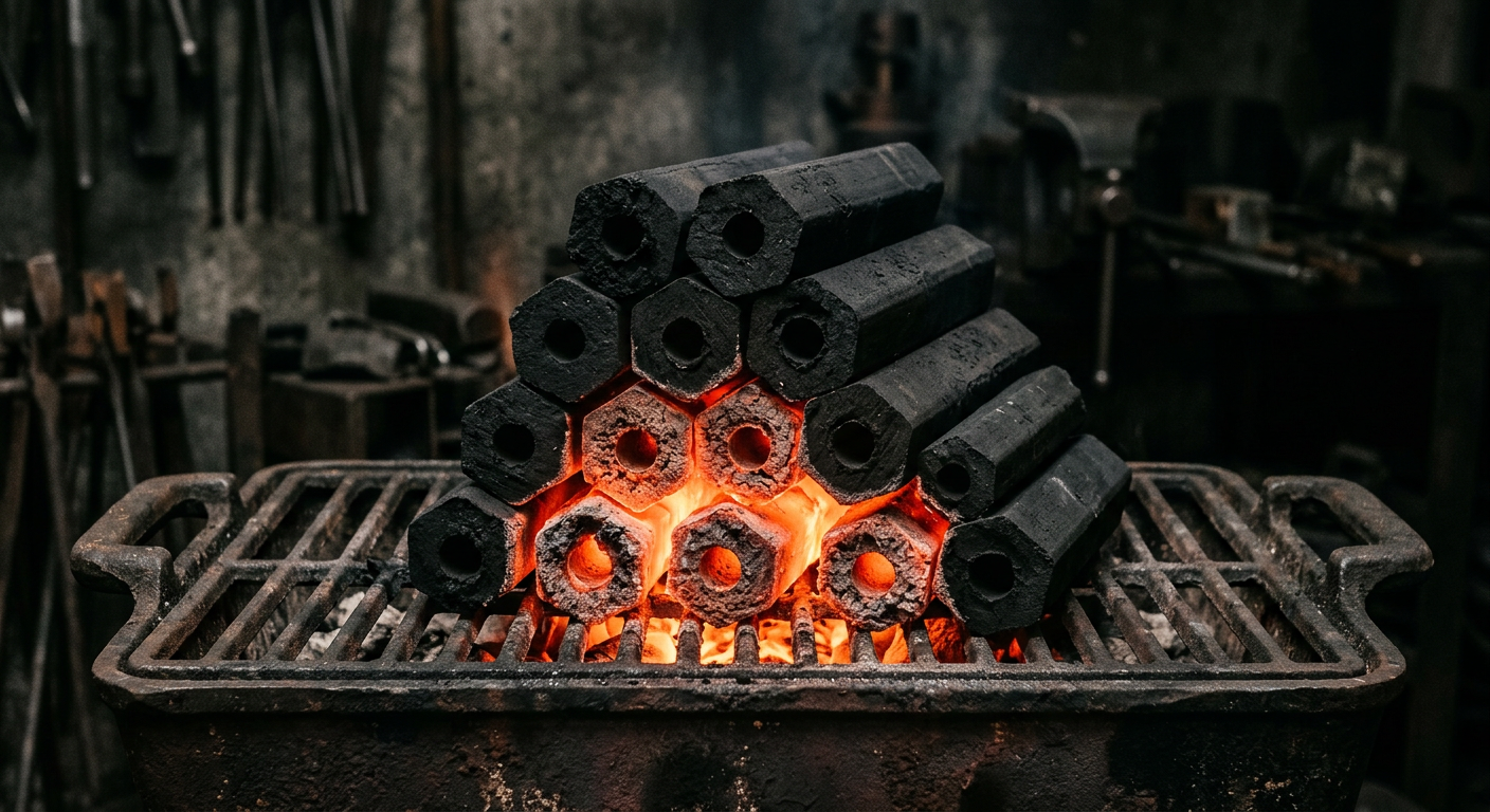 Illustrative hexagonal charcoal briquettes with hollow centres in a grill