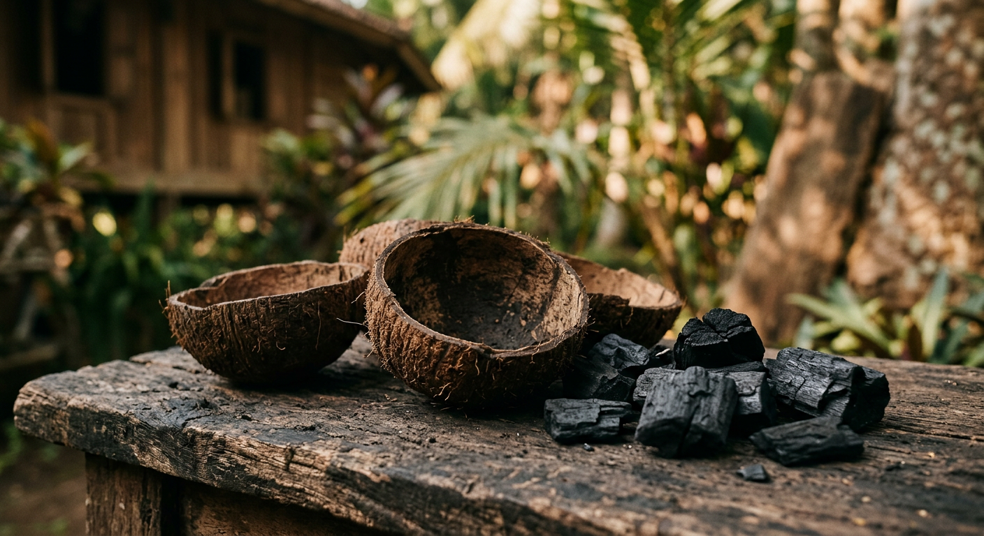 Illustrative image of coconut shells, the raw material for coconut shell charcoal