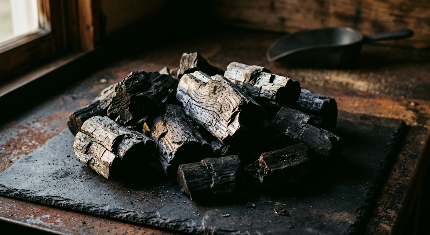 Illustrative natural hardwood lump charcoal with visible wood grain