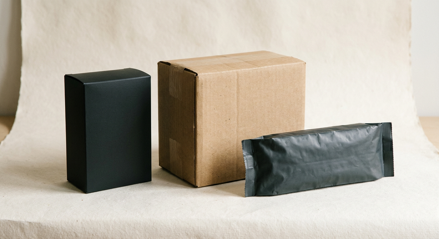 Illustrative unbranded retail box, master carton and inner wrap packaging