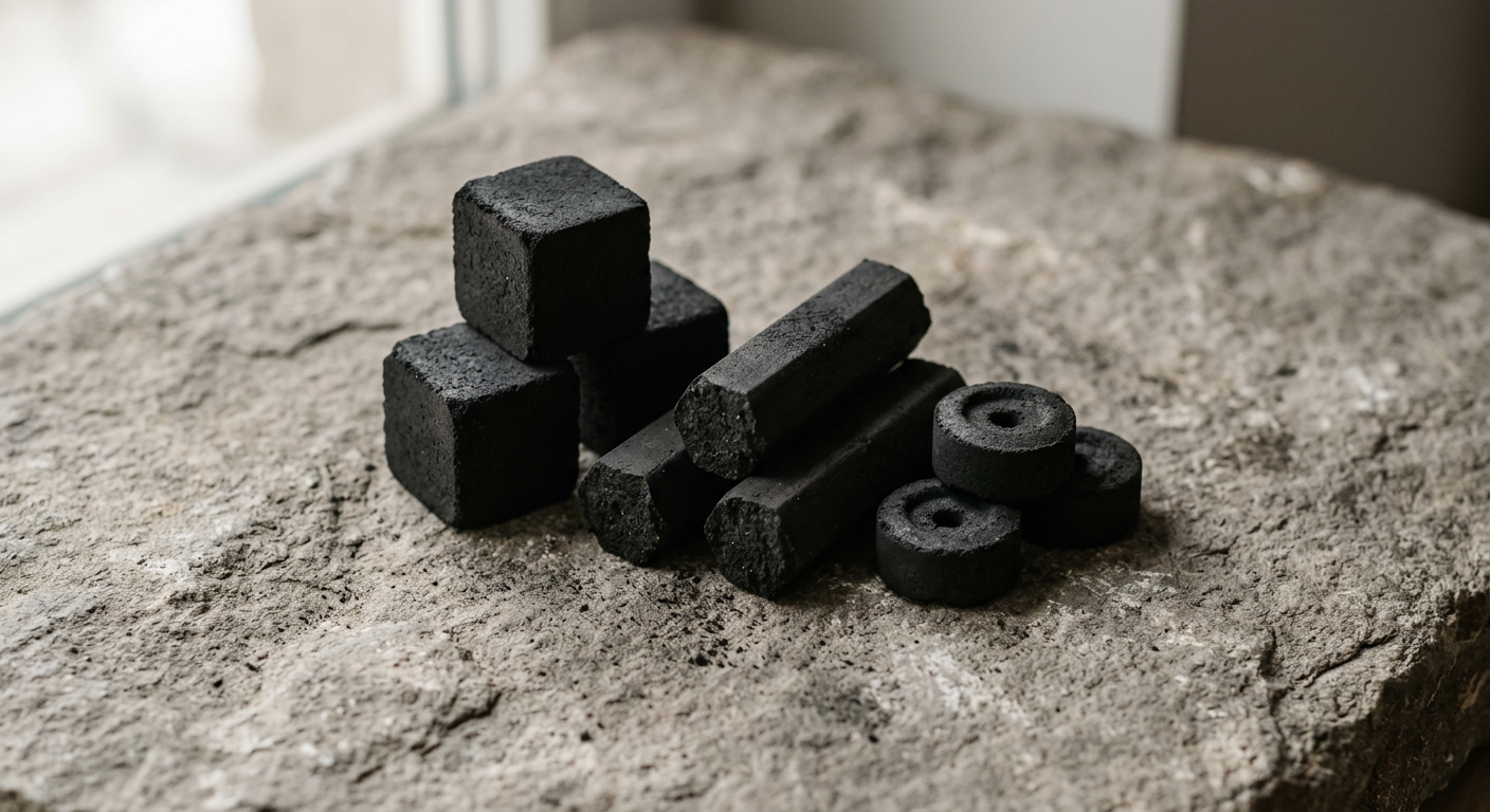 Illustrative coconut shell charcoal briquettes in cube, finger and hexagonal shapes